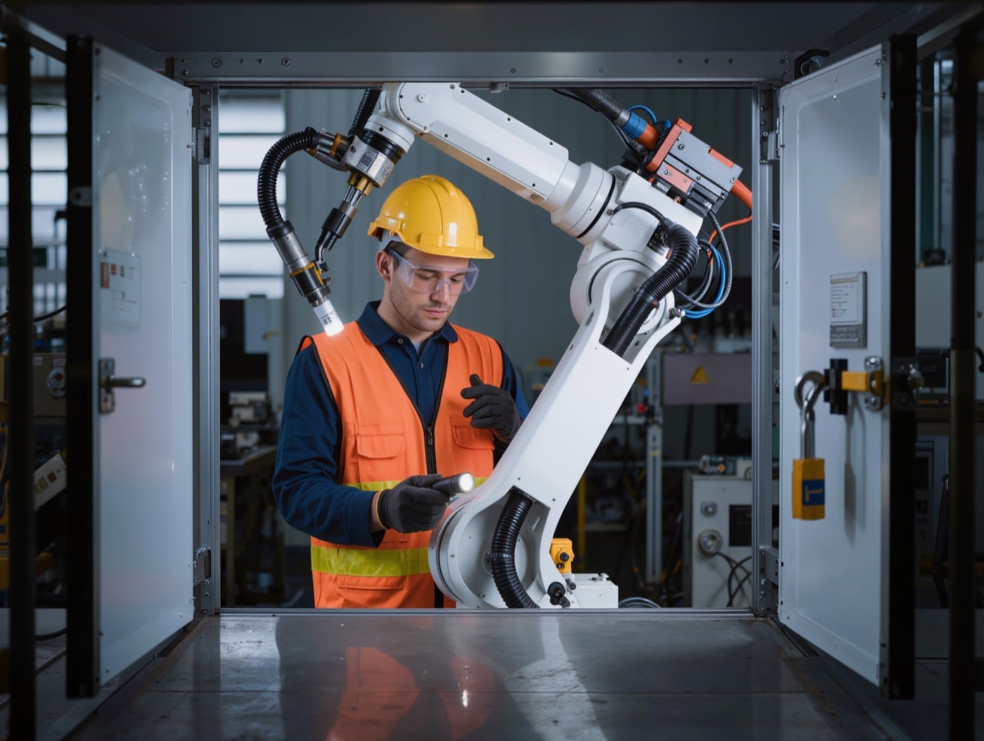 Técnico inspecciona un robot industrial detenido dentro de su celda, con candado de bloqueo en la puerta